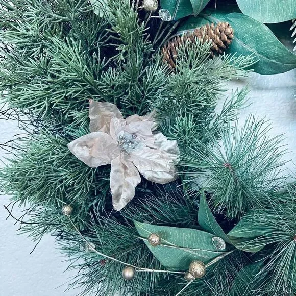 Christmas Greenery Champagne Poinsettia Beaded Berry Stems Holiday Wreath - Picture 3 of 7